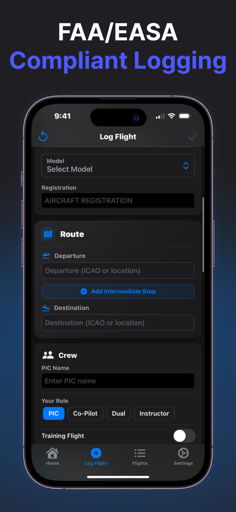 RotorLog app screen for logging helicopter flights showing aircraft registration route details and crew roles for FAA and EASA compliance
