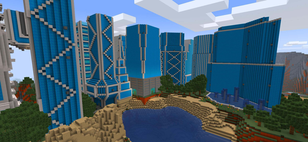 Una gran ciudad con modernos rascacielos azules y un lago construidos en el modo creativo de RealmCraft