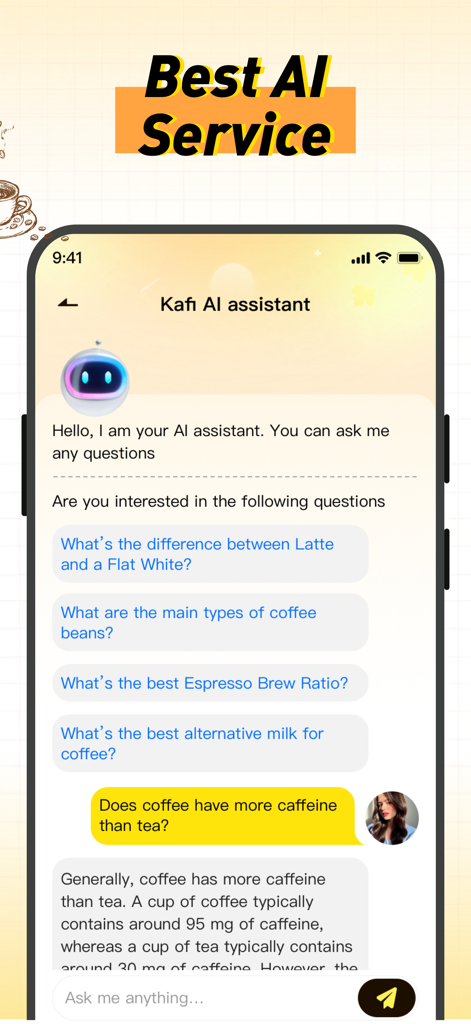 A chat interface of the Kafi app AI assistant answering questions about coffee and brewing