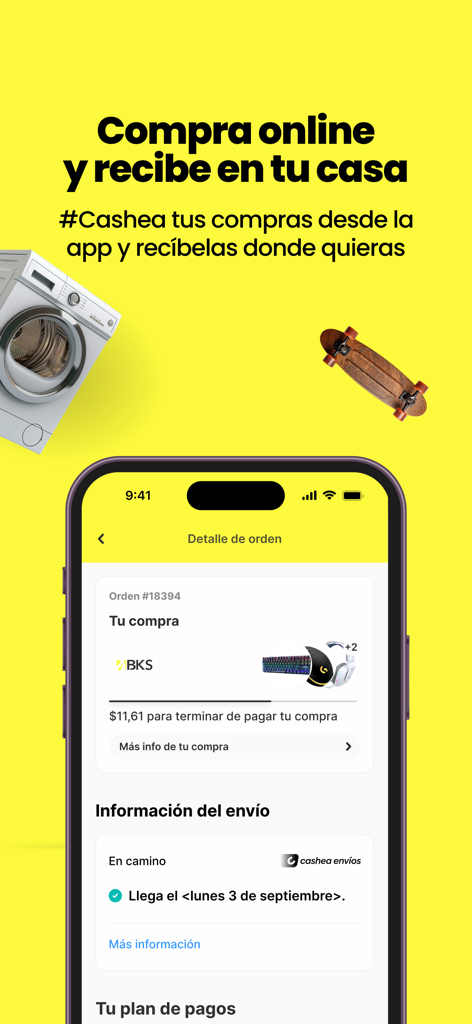 Schermata dello smartphone che mostra i dettagli dell'ordine dell'app Cashea e le informazioni di tracciamento della spedizione.