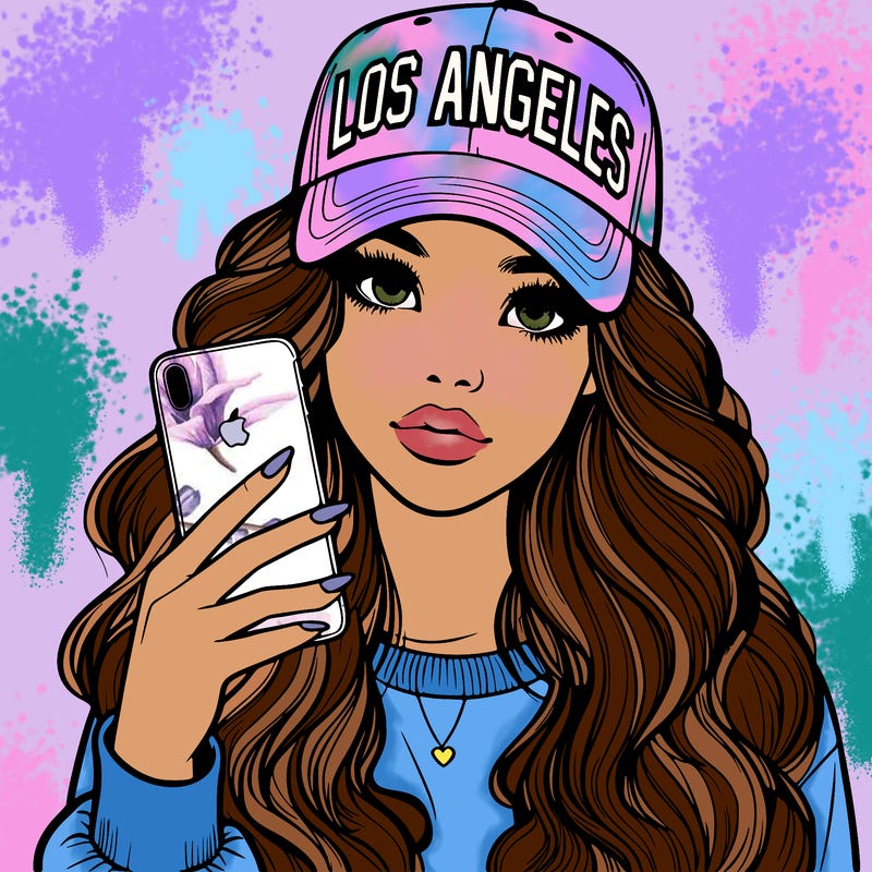 realistic beautiful girl wearing los ángeles cap holding an iphone