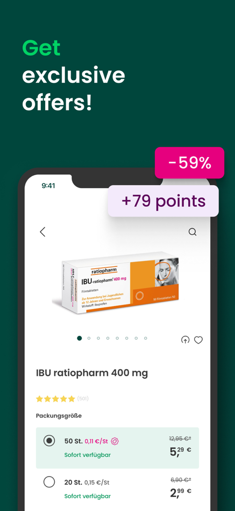 A screenshot of the DocMorris app interface showcasing a fifty-nine percent discount and loyalty points on medication
