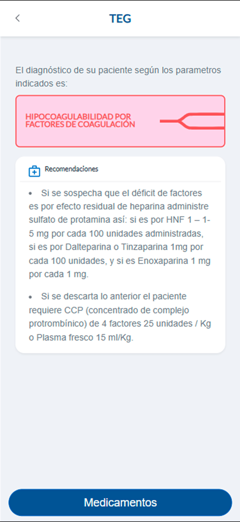 Screenshot dell'app EasyVET che mostra una diagnosi del test TEG per ipocoagulabilità con raccomandazioni cliniche per il trattamento.