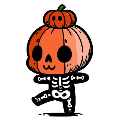 cute skeleton with a pumpkin on its head while dancing