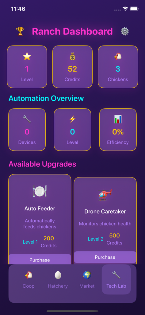 Nest Stories: Windward Path - Nest Stories app ranch dashboard showing chicken farm automation and technology upgrades.