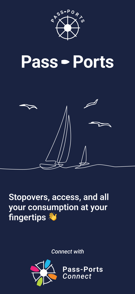 Pantalla de bienvenida de la aplicación Pass-Ports con dibujos minimalistas de veleros y funciones de escala náutica.