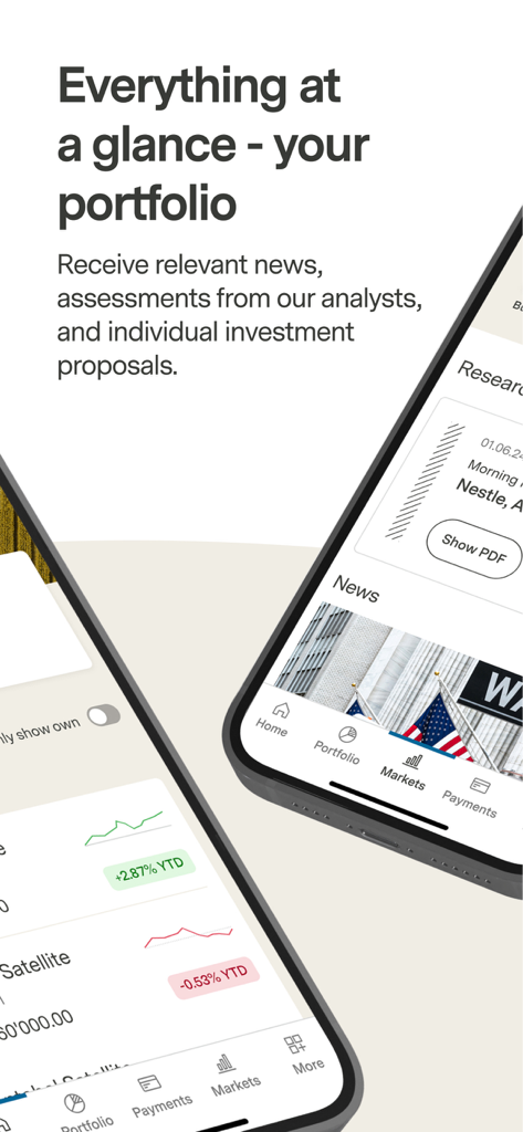 Vontobel Wealth mobile app interface showing portfolio overview and financial news