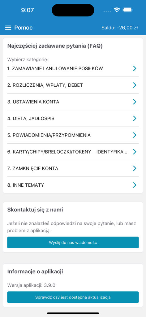 zamowposilek.pl - La sección de ayuda y preguntas frecuentes de la aplicación móvil zamowposilek que muestra categorías comunes de soporte y un botón de contacto.