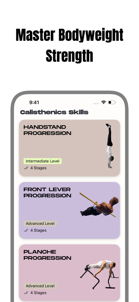 Calis : Calisthenics Workout - Calis app screen displaying calisthenics skill progressions for handstand front lever and planche