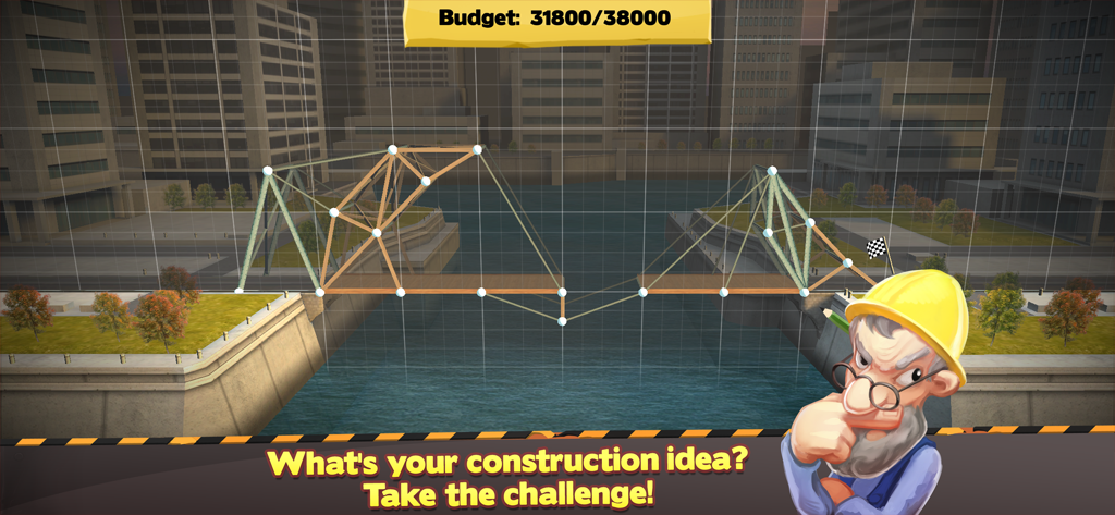 Bridge Constructor - A bridge being constructed over a river in a city setting within the Bridge Constructor game.