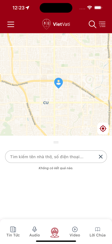 Map interface for searching churches in the Giao Hoi Cong Giao app