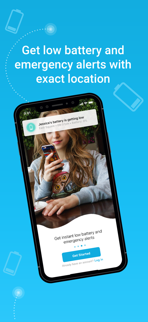 Family Locator & GPS Tracker - Smartphone displaying a low battery notification for a family member with their exact location.