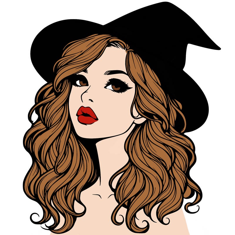 realistic witch girl with wavy hair and lips