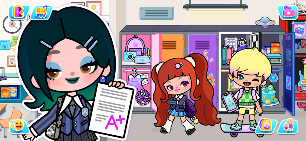 Cartoon characters in a school hallway with lockers and an A plus grade