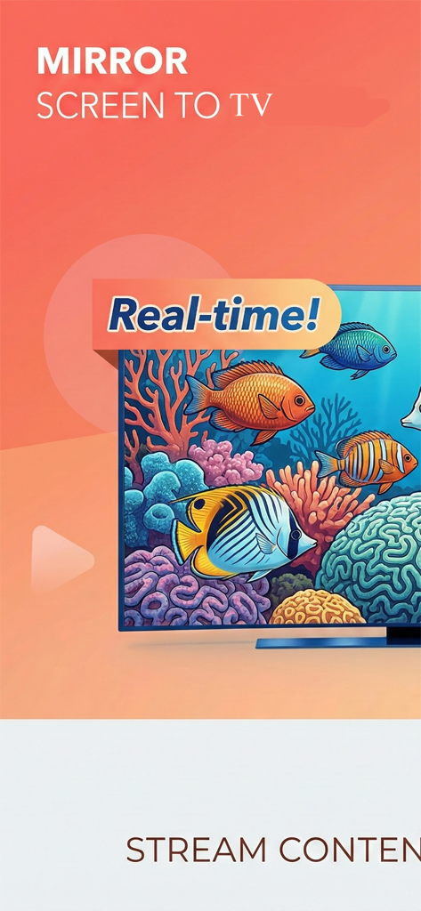 Anyview Cast app demonstrating real-time screen mirroring of an underwater fish scene from an iPhone to a smart TV.