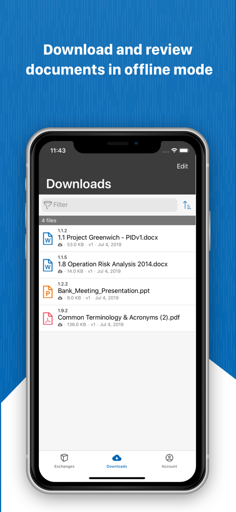 Der Bildschirm Downloads der Intralinks-Mobil-App zeigt eine Liste der für die Offline-Prüfung verfügbaren Dokumente.