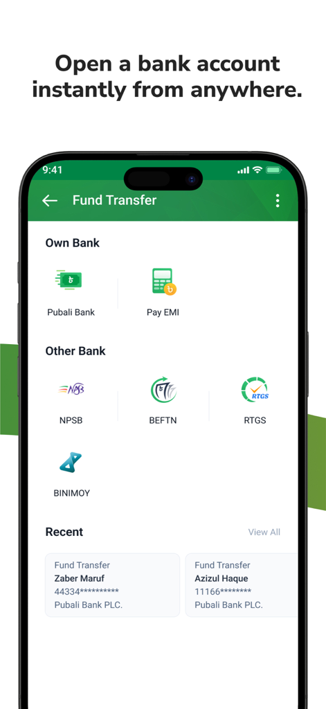 PI Banking mobile app fund transfer interface showing options for Pubali Bank and other Bangladeshi bank networks like NPSB and BEFTN