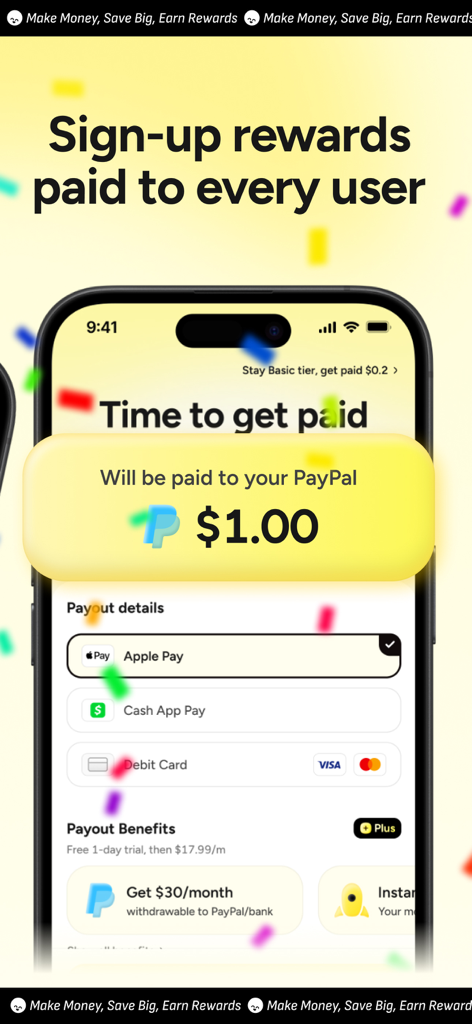 Blidz - Shop Deals, Earn Money - Blidz-App-Bildschirm zeigt Anmeldebelohnungen, die jedem Nutzer über PayPal, Apple Pay oder Cash App ausgezahlt werden