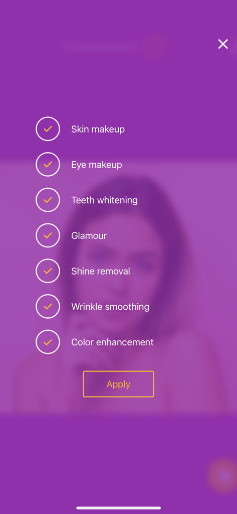 A menu checklist in the Visage app showing automatic face retouching options like skin makeup teeth whitening and wrinkle smoothing