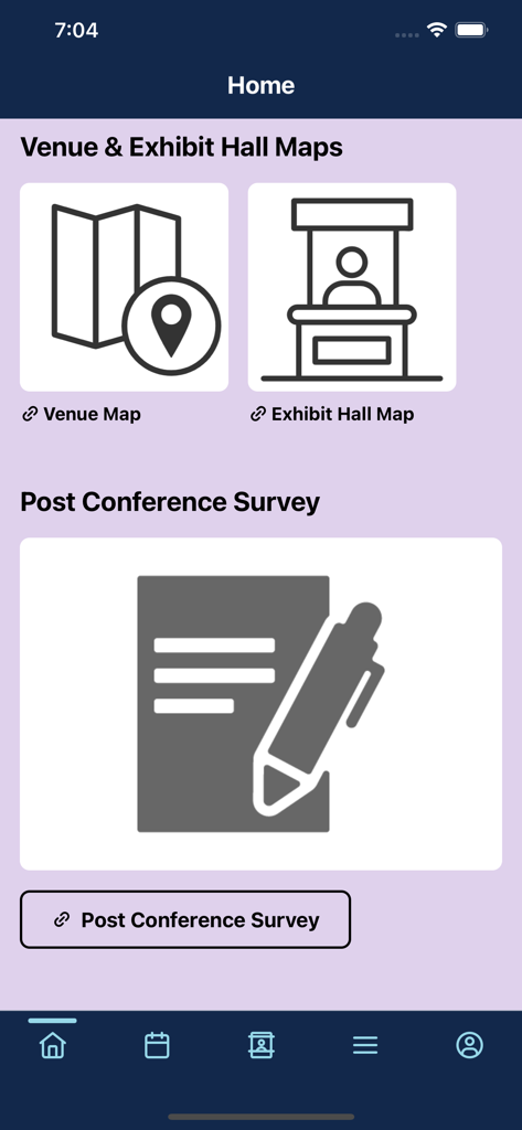 IAPP Events - Pantalla de inicio de la aplicación Eventos IAPP que muestra mapas del recinto de conferencias y enlaces a encuestas posteriores a la conferencia.