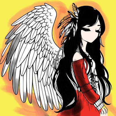 realistic girl with bird wings and some feathers in her hair