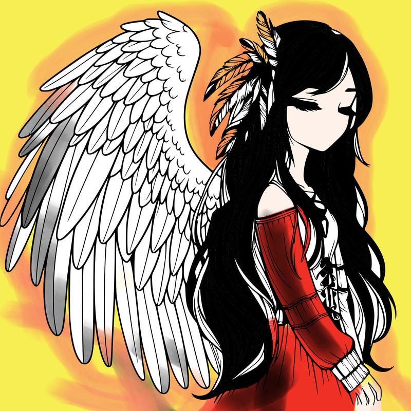 realistic girl with bird wings and some feathers in her hair