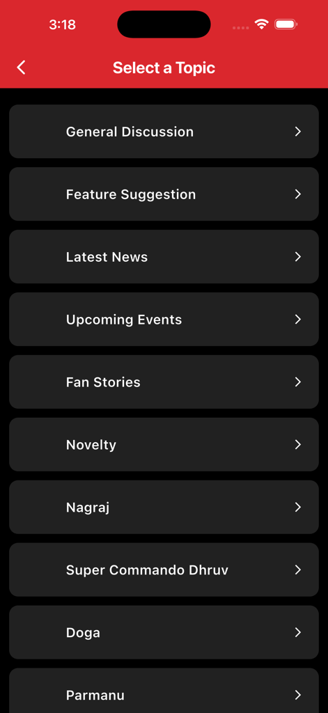 Raj Comics - A list of discussion topics in the Raj Comics app community section including General Discussion, Latest News, and character-specific categories like Nagraj and Super Commando Dhruv.