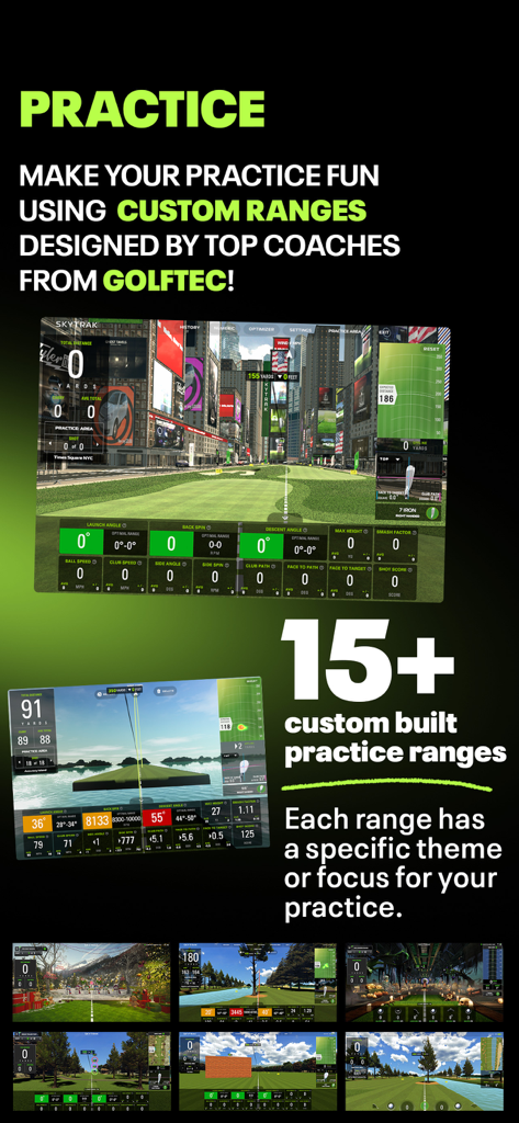 SKYTRAK app interface showcasing custom themed practice ranges and detailed golf shot data