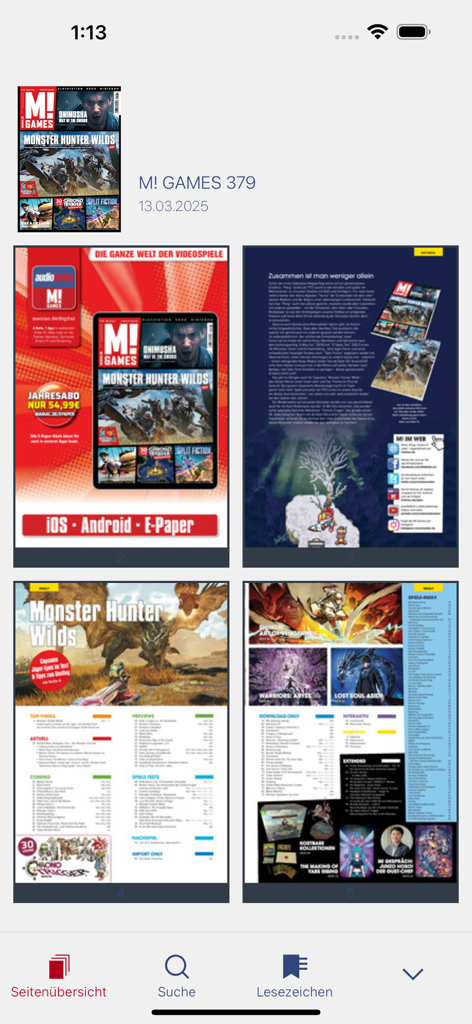 audiovision/M! - Digital page overview of M Games magazine featuring Monster Hunter Wilds and editorial content in the audiovision app.