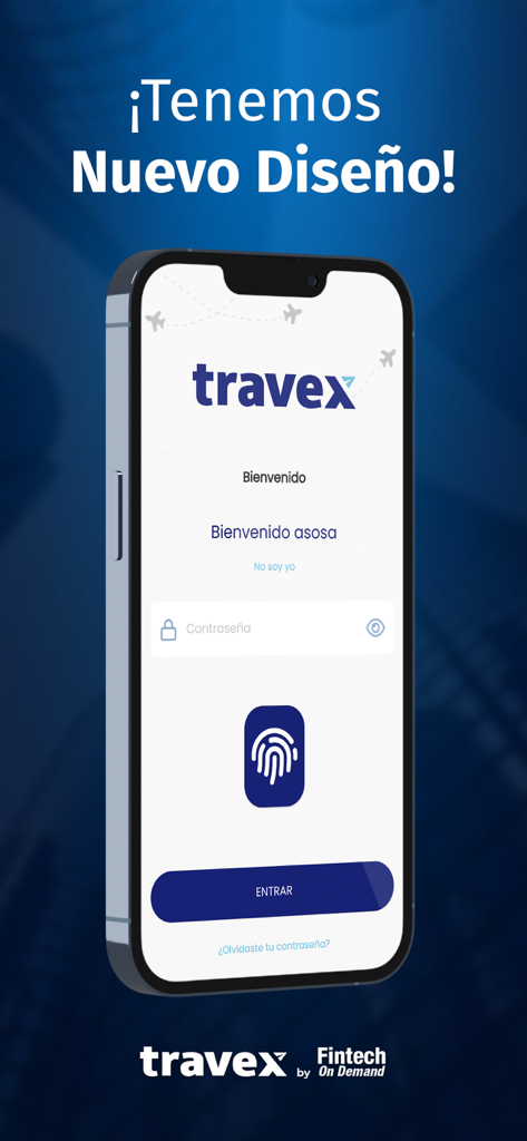 Travex - Travex mobile app login screen featuring biometric fingerprint authentication and a password entry field