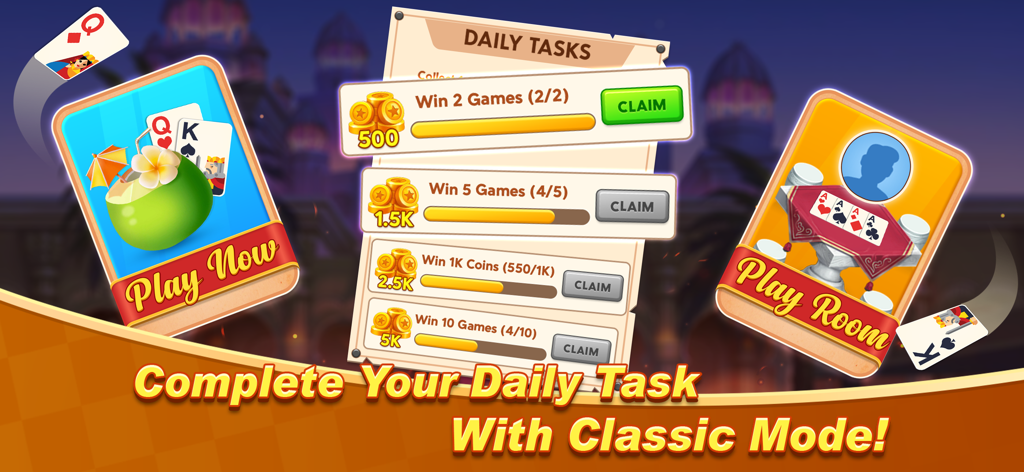 Trix - The Card Game - Trix card game daily tasks screen showing coin rewards for winning games and a classic mode play button