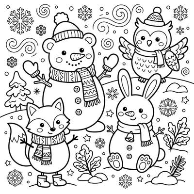 Get ready for a heartwarming winter coloring experience with this charming page featuring four beloved animal-shaped snowmen. Little artists will adore bringing to life the friendly bear, wise owl, clever fox, and playful bunny in a snowy wonderland.