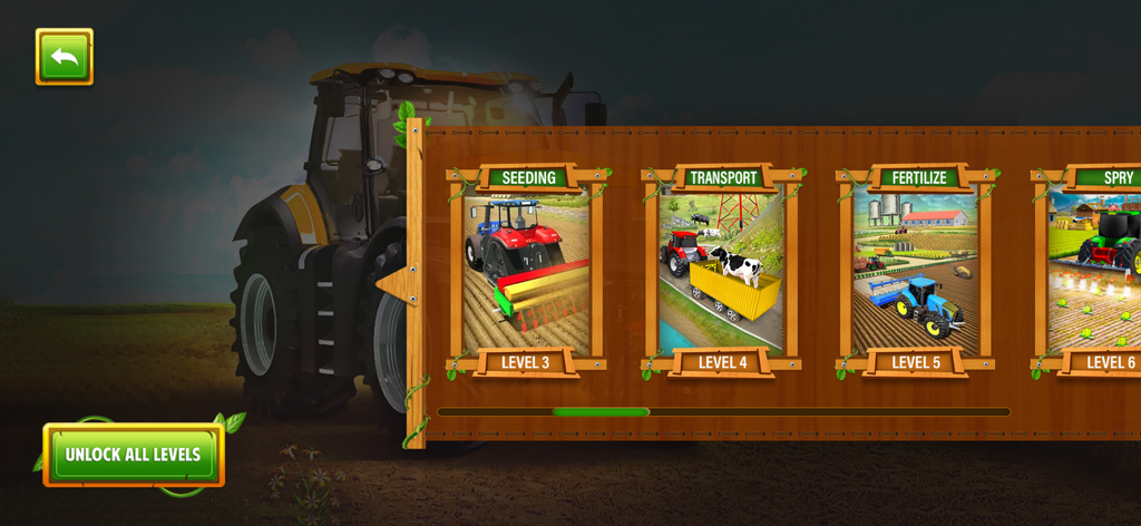 Farming Simulator - 24 - Level selection screen in Farming Simulator 24 showing various tasks like seeding transport and fertilizing
