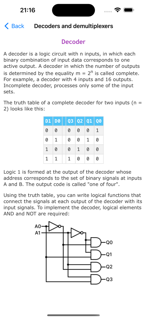 Digital Electronics Guide - 真理値表と論理ゲート図でデコーダーを解説する教育画面