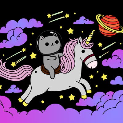 a cat riding a unicorn in space