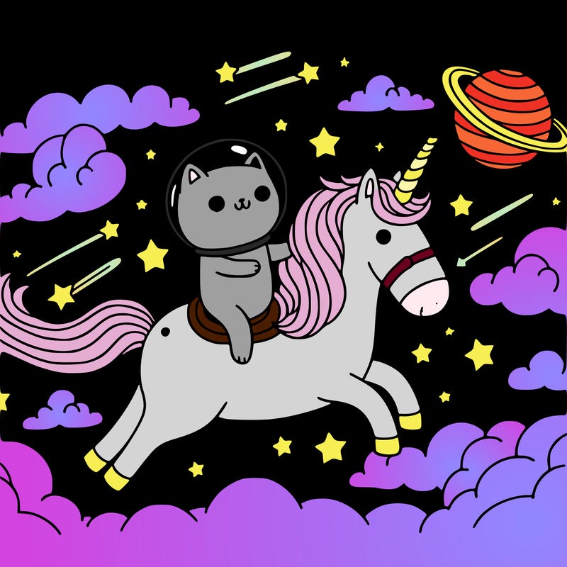 a cat riding a unicorn in space