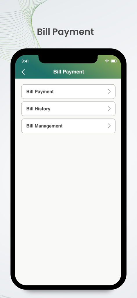 O-Cash - Menú de pago de facturas de la aplicación de banca móvil O-Cash con opciones para Pago de Facturas, Historial de Facturas y Administración de Facturas