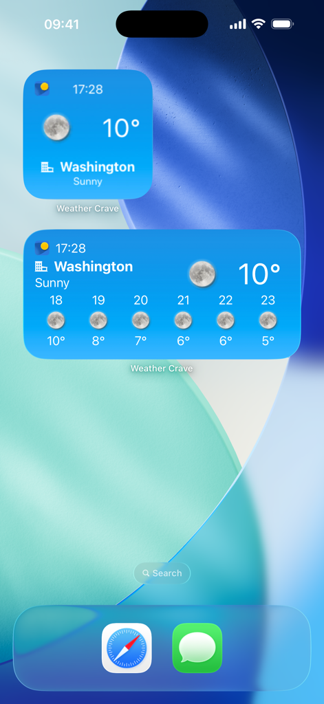 Weather Crave widgets on an iPhone home screen displaying real-time weather and hourly forecasts for Washington.