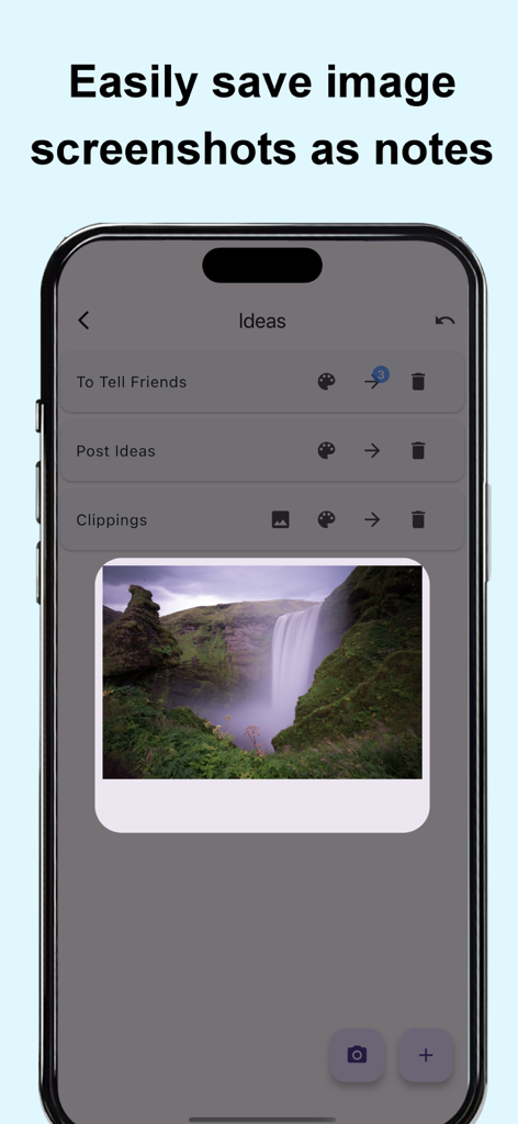 Smartphone screen showing the Memo-Only Memopad app with a waterfall image saved as a visual note