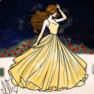 realistic woman with dress flowing in the wind