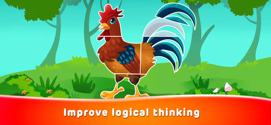 A colorful rooster puzzle in an educational game for toddlers to improve logical thinking