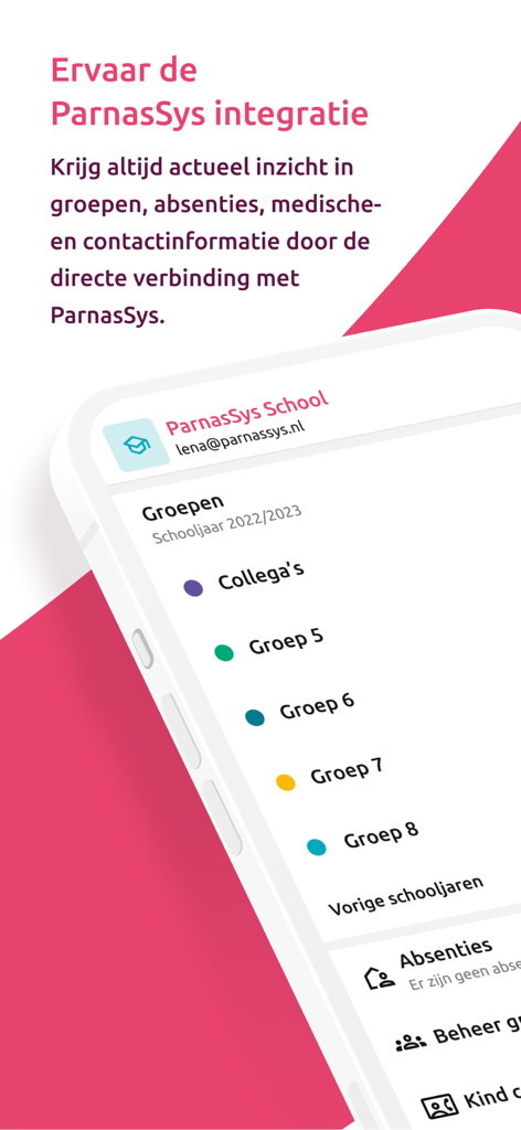 Parro app screen showing school group management and ParnasSys integration for student data