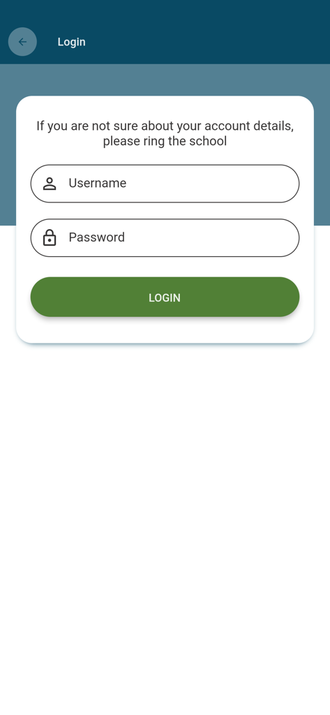 Login page of the FACTS School App showing username and password input fields and a login button