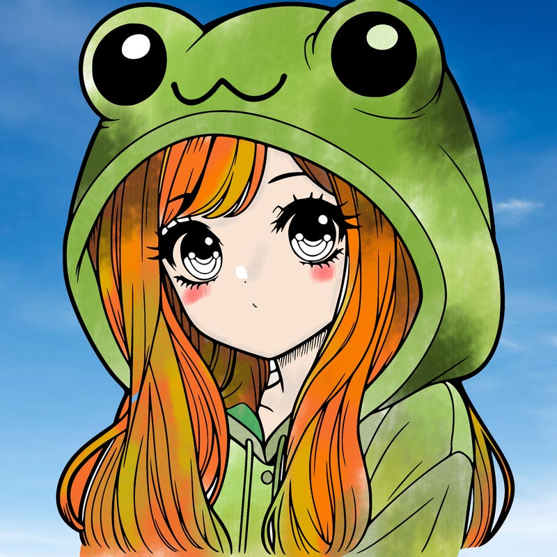 a pretty girl wearing a frog hoodie portrait with long hair