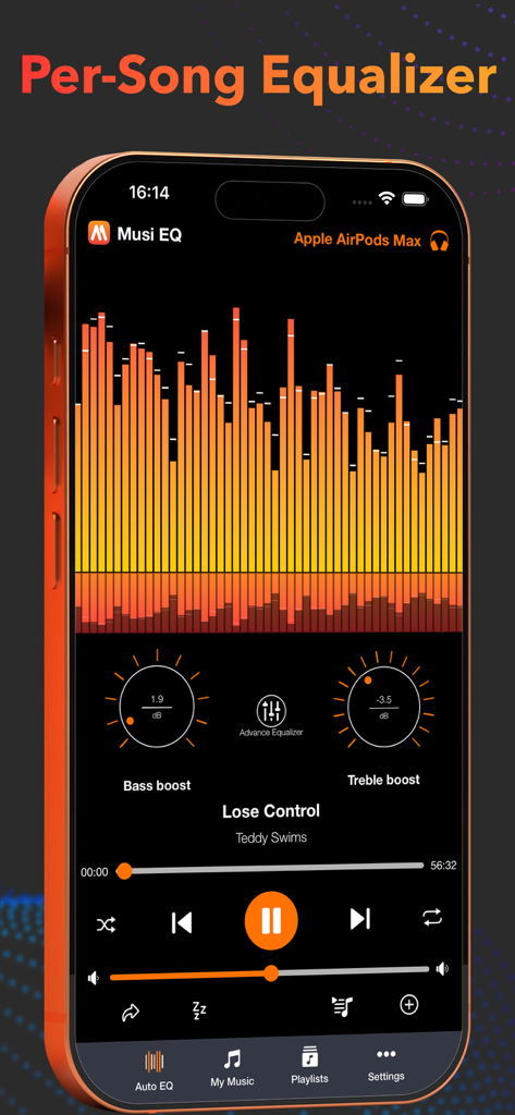 Musi EQ Player - Auto Music EQ - Musi EQ Player screen displaying per-song equalizer and music playback controls