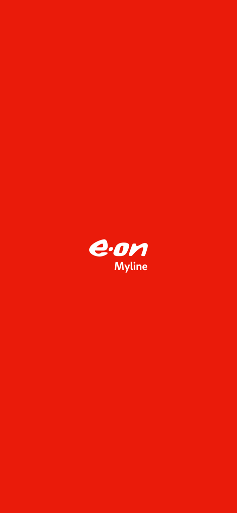 E.ON Myline app splash screen featuring the white brand logo on a solid red background