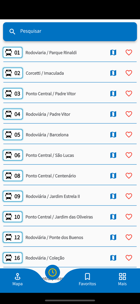 Viação Real - Écran de l'application mobile montrant une liste des itinéraires de bus numérotés pour la ville de Varginha.