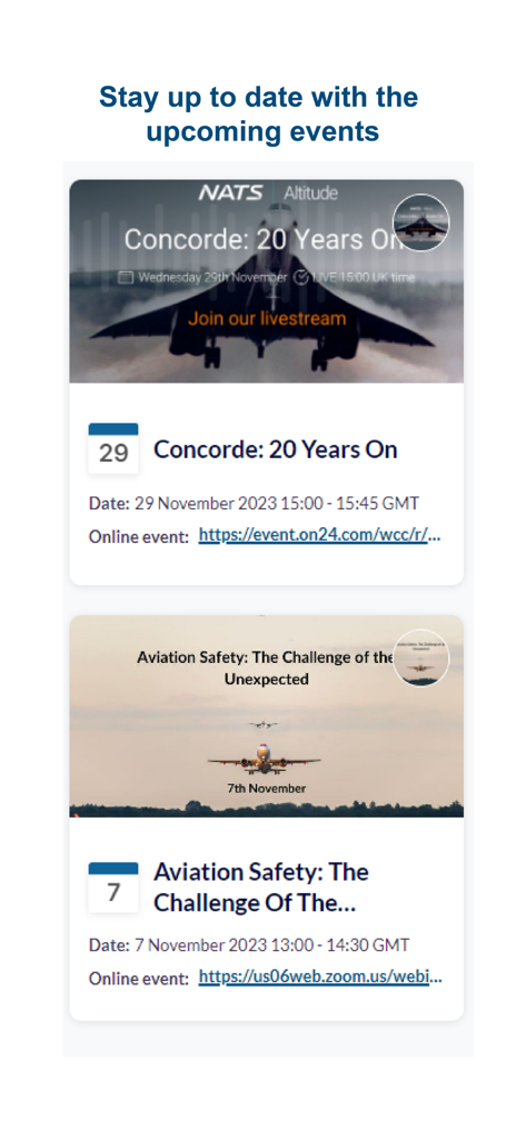 BALPA PORTAL APP - BALPA Portal App upcoming events screen showing aviation safety and industry webinars