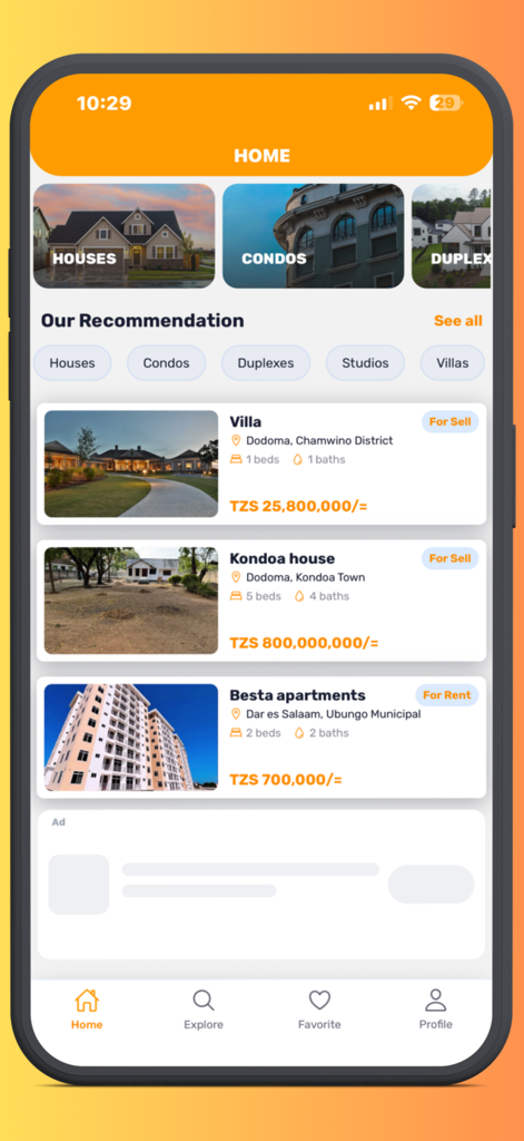 Dalali Connect - Dalali Connect app home screen displaying property listings for houses and apartments with pricing and locations