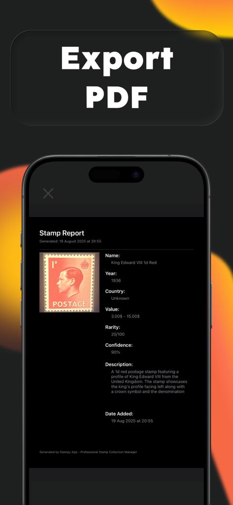 A detailed stamp report on a mobile phone screen displaying identification and value data with an export to PDF option